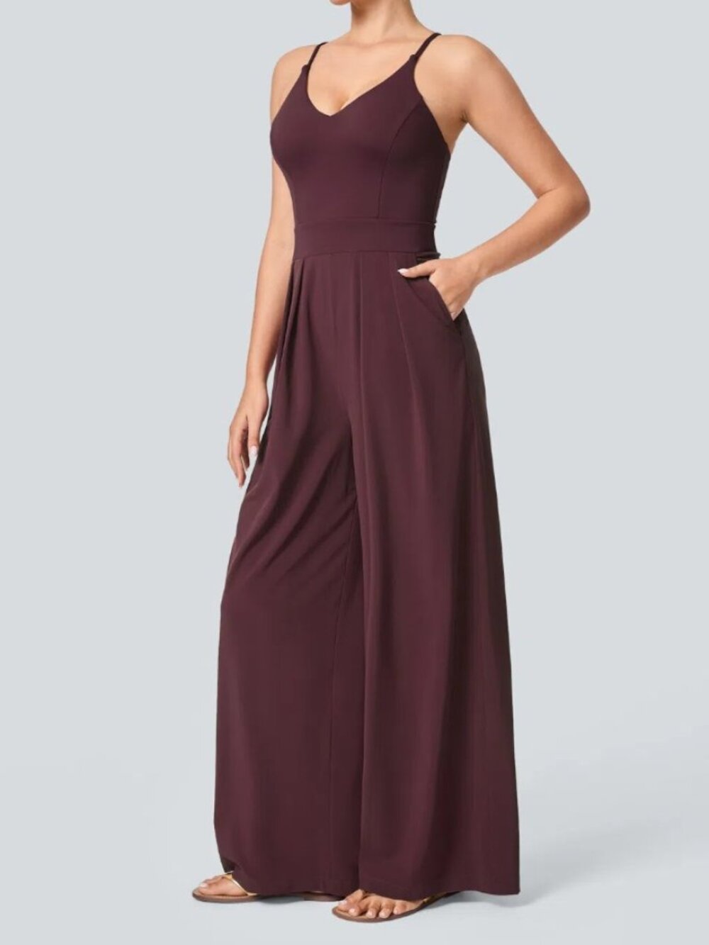 HALARA V-NECK WIDE LEG QUICK DRY JUMPSUIT WITH POCKETS ( SIZE SMALL REGULAR)